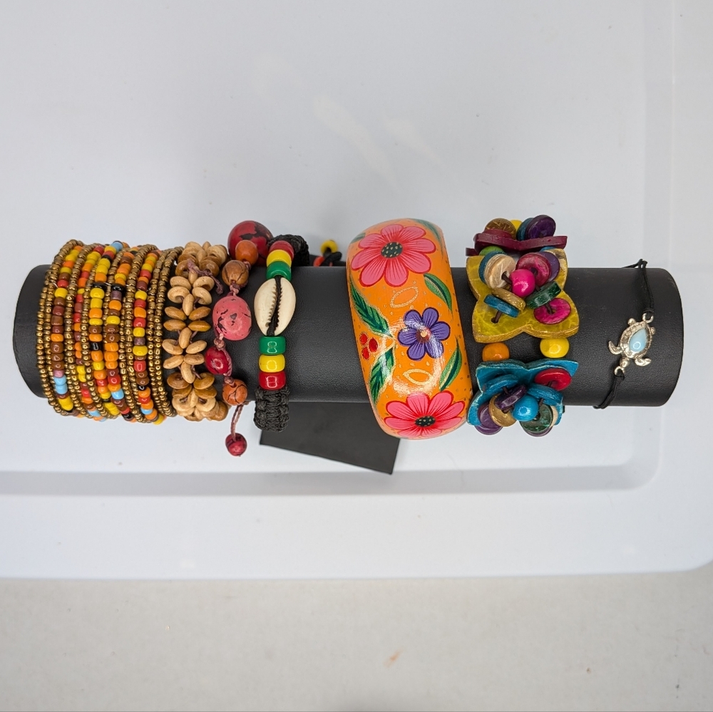 Boho Jewelry Lot Wood Bead Necklaces Bracelets Shell Indie Hippie Festival - Picture 7 of 14